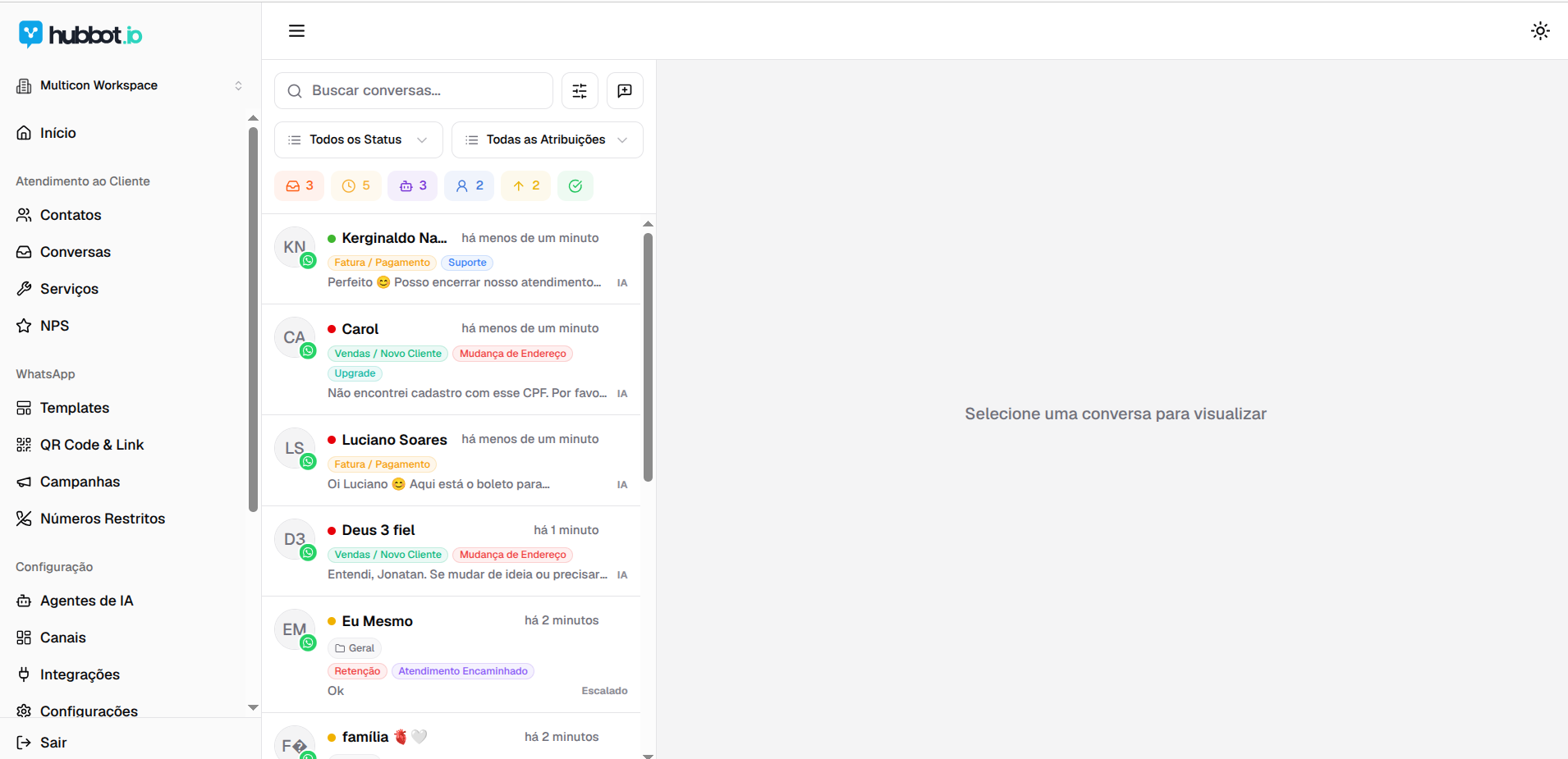 Inbox de conversas — WhatsApp, Instagram, Telegram e chat web numa fila única, com status, atribuições e tags.